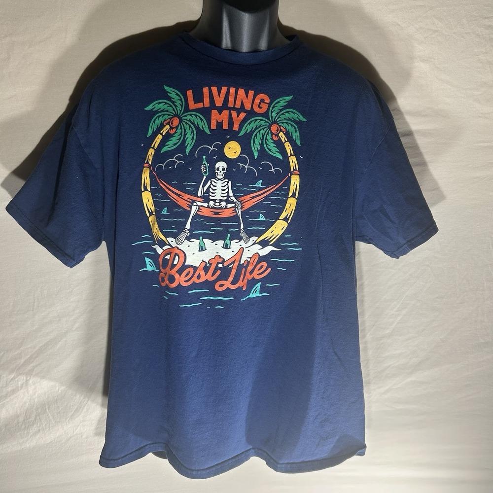 DOM Living My Best Life Skeleton T-Shirt Mens XL Navy Blue Hammock Beach Graphic